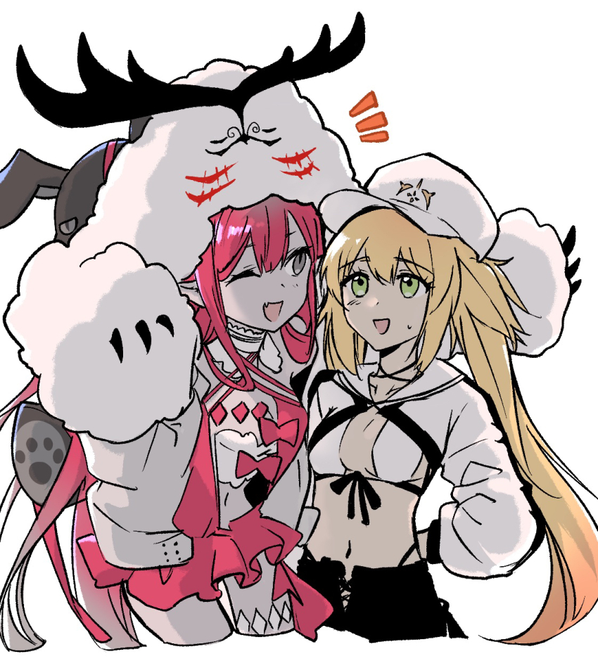 2girls, arms_behind_back, arms_up, artoria_caster_(fate), artoria_caster_(swimsuit)_(fate), artoria_caster_(swimsuit)_(first_ascension)_(fate), artoria_caster_(swimsuit_berserker)_(first_ascension)_(fate), artoria_pendragon_(fate), baobhan_sith_(fate), baobhan_sith_(swimsuit_pretender)_(first_ascension)_(fate), bikini, black_pants, blonde_hair, bow, cernunnos_(fate), character_hood, detached_collar, fate/grand_order, fate_(series), green_eyes, grey_eyes, hat, highres, illen, jacket, microskirt, multiple_girls, navel, one_eye_closed, open_mouth, pale_skin, pants, pink_hair, pointy_ears, sidelocks, simple_background, skirt, smile, stuffed_toy, sweatdrop, swimsuit, twintails, white_bikini, white_headwear, white_jacket