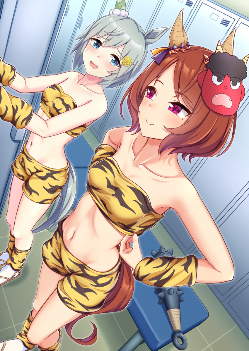 2girls, animal_ears, animal_print, blue_eyes, brown_hair, changing_room, club, club_(weapon), collarbone, dutch_angle, flower_in_eye, highres, horse_ears, horse_girl, horse_tail, indoors, looking_at_another, mask, midriff, multiple_girls, official_alternate_costume, oni_mask, pleated_skirt, purple_eyes, sailor_collar, sakura_laurel_(oni_laurel)_(umamusume), sakura_laurel_(umamusume), seiun_sky_(umamusume), short_hair, skirt, smile, spiked_club, symbol_in_eye, tail, tiger_print, umamusume, weapon, zenrakishi