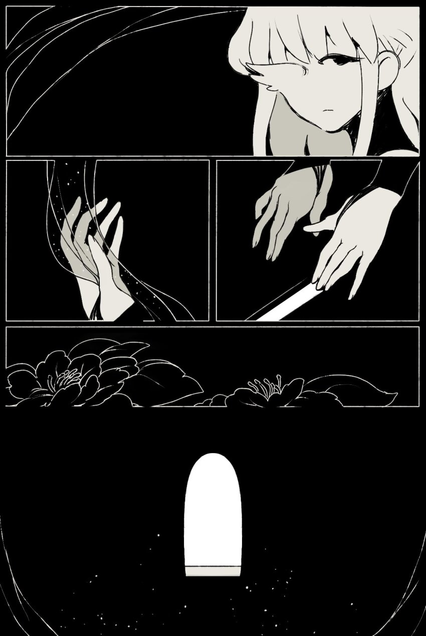 1boy, asymmetrical_eyes, black_background, comic, demi_(dizzyspells), dizzyspells, door, dreaming