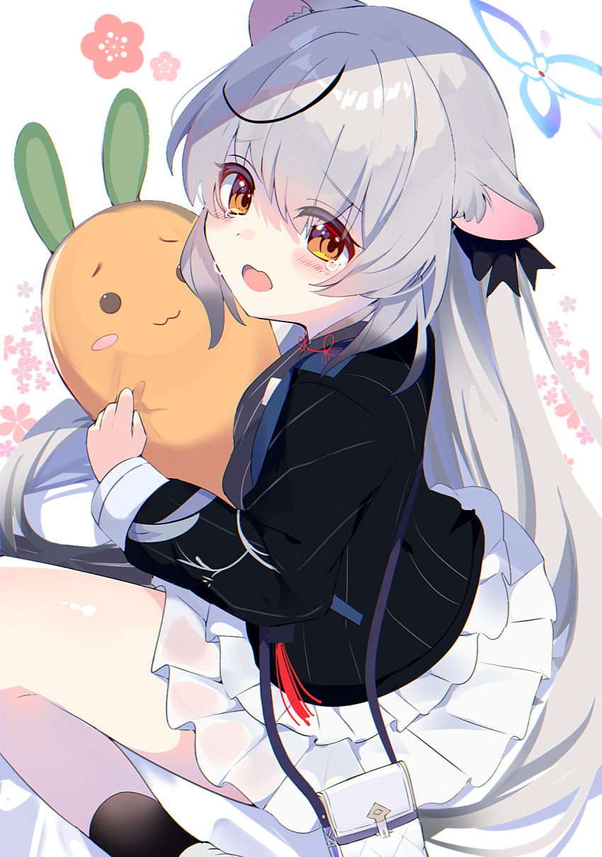 1girl, :3, animal_ear_fluff, animal_ears, bag, black_hair, black_jacket, black_socks
