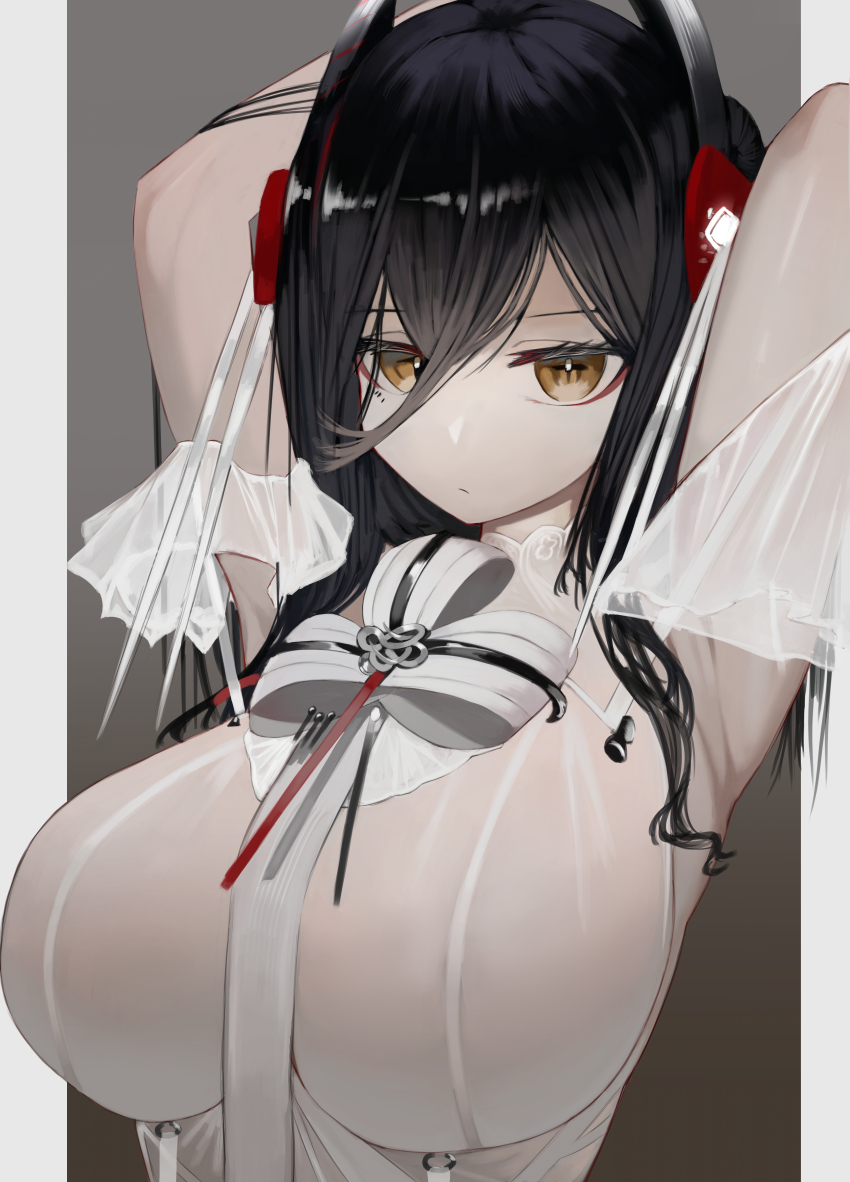 1girl, absurdres, arknights, arms_up, black_hair, breasts, demon_horns, dress, hair_between_eyes, highres, horns, impossible_clothes, impossible_dress, ines_(arknights), large_breasts, long_hair, nero_(nero_nyam), simple_background, solo, upper_body, white_dress, yellow_eyes