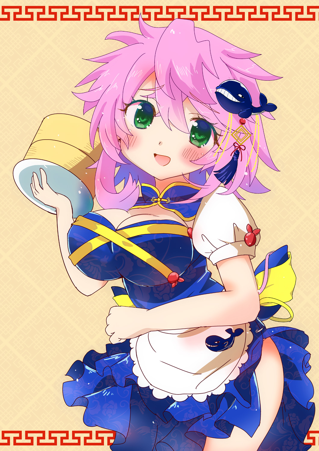 1girl, alternate_costume, apron, blue_dress, blush, breasts, brown_background, cleavage