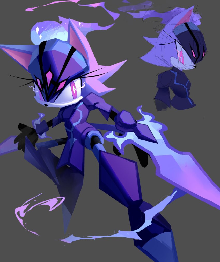 1girl, animal_ears, arm_blade, armor, blaze_the_cat, budgie177, cat_ears, ceruledge, ceruledge_(cosplay), closed_mouth, cosplay, eyelashes, fiery_hair, fire, full_body, highres, multiple_views, nintendo, pokemon, purple_eyes, sonic_(series), sword, weapon