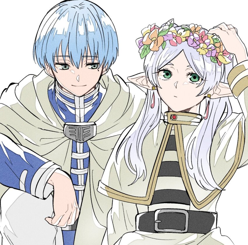 1boy, 1girl, belt, black_belt, blue_eyes, blue_hair, blue_shirt, capelet