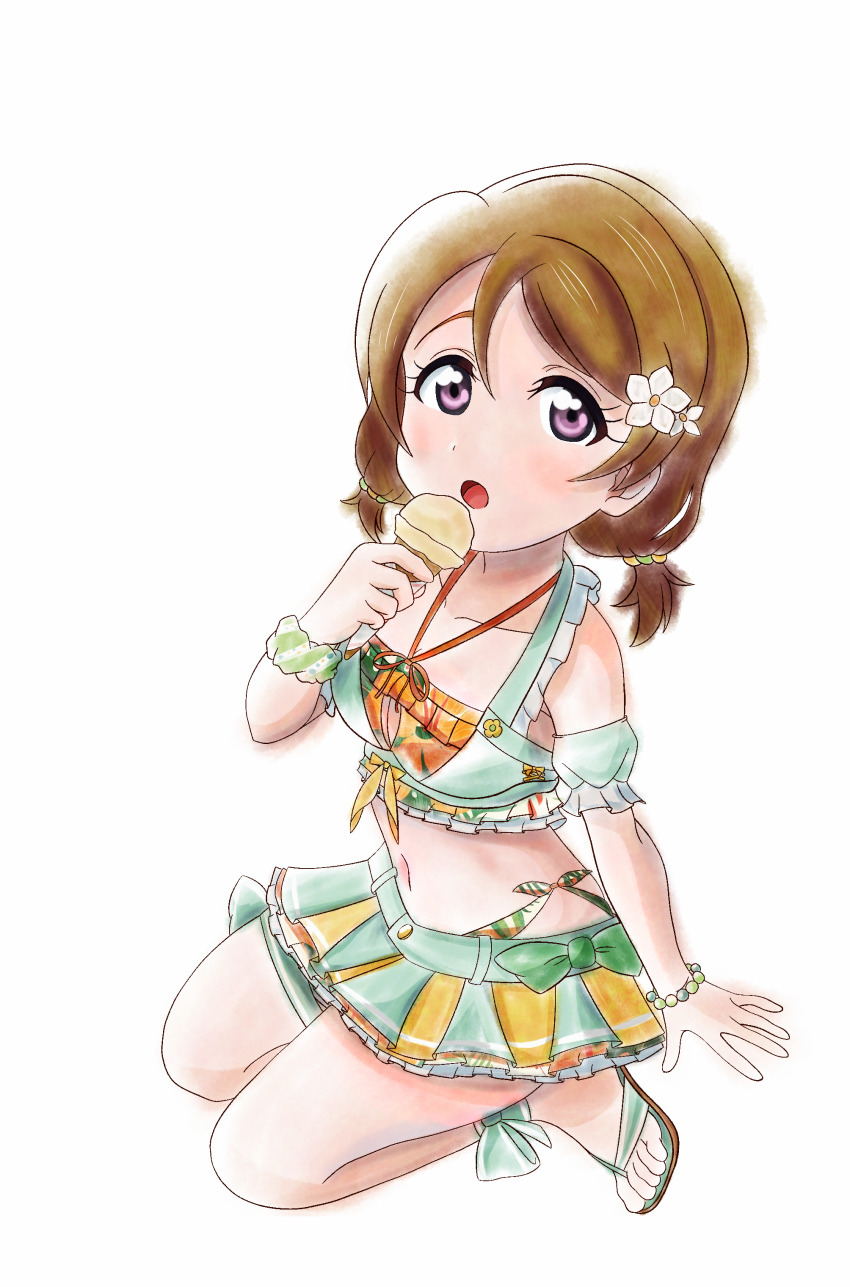 1girl, absurdres, brown_hair, food, fruitboots, highres, ice_cream, koizumi_hanayo, love_live!, love_live!_school_idol_project, medium_hair, open_mouth, purple_eyes, simple_background, solo, swimsuit