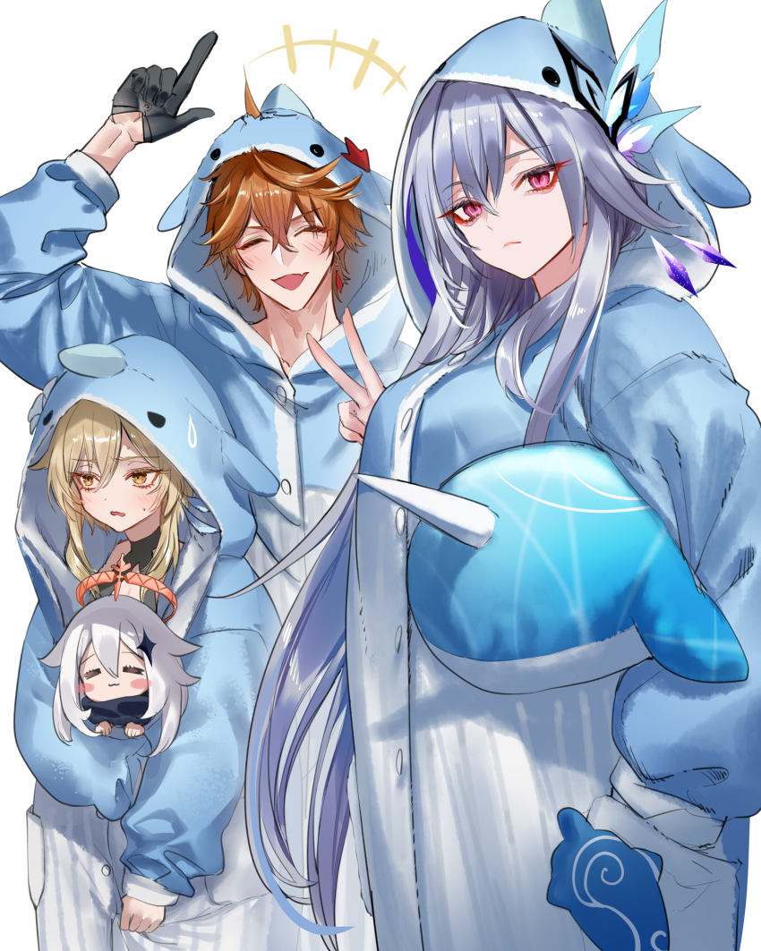 1boy, 3girls, aegyo_sal, animal_costume, animal_hood, blonde_hair, breasts, butterfly_hair_ornament, embarrassed, expressionless, genshin_impact, grey_hair, hair_between_eyes, hair_ornament, halo, highres, hood, large_breasts, long_hair, long_sleeves, lumine_(genshin_impact), mechanical_halo, multiple_girls, narwhal, onesie, open_mouth, orange_hair, paimon_(genshin_impact), pajamas, pink_eyes, pottsness, short_hair, short_hair_with_long_locks, sidelocks, skirk_(genshin_impact), smile, stuffed_narwhal, stuffed_toy, tartaglia_(genshin_impact), very_long_hair, whale, white_hair, yellow_eyes