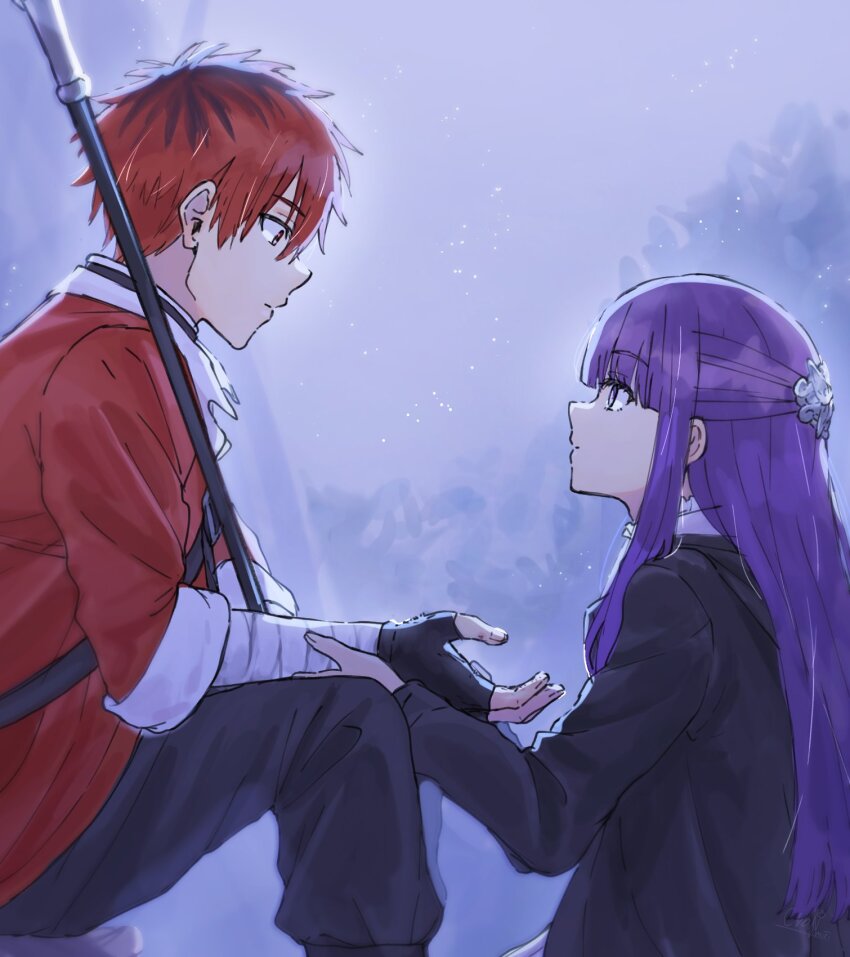 1boy, 1girl, backlighting, bandaged_arm, bandages, black_coat, black_gloves, black_hair, black_pants, blue_background, blunt_bangs, closed_mouth, coat, commentary_request, eye_contact, feet_out_of_frame, fern_(sousou_no_frieren), fingerless_gloves, from_side, gloves, hand_grab, hand_on_another's_arm, highres, hood, hooded_coat, light_particles, long_hair, long_sleeves, looking_at_another, miri_(crafimiri), multicolored_hair, outdoors, pants, profile, purple_eyes, purple_hair, red_coat, red_hair, sidelocks, sitting, sousou_no_frieren, stark_(sousou_no_frieren), two-tone_hair, weapon