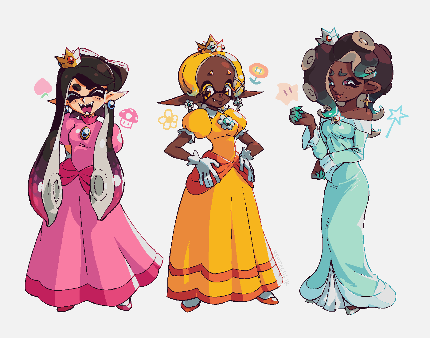 3girls, bare_shoulders, breasts, callie_(splatoon), closed_eyes, cosplay, crown, dark-skinned_female