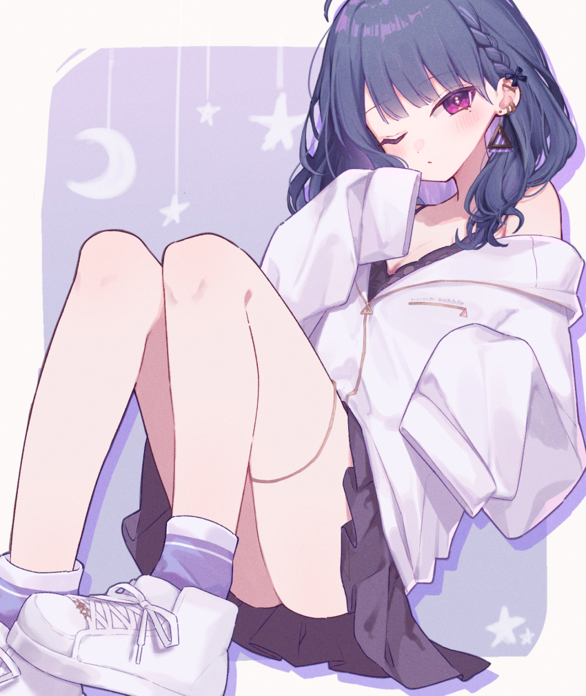 1girl, ;o, ahoge, ass, barbell_piercing, black_camisole, black_skirt, blue_hair