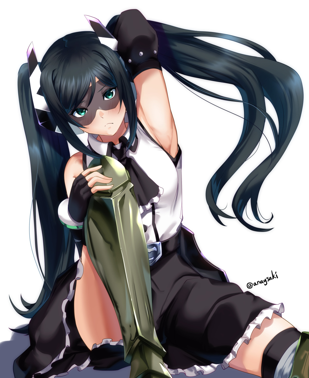 1girl, aona_(anagasaki), arm_up, armpits, artist_name, ascot, bare_shoulders, belt