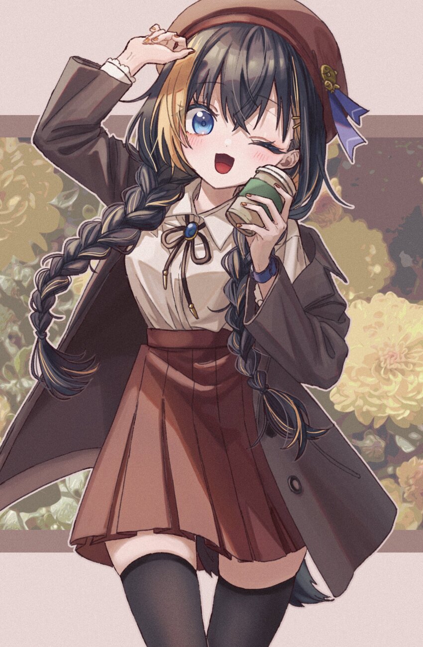 1girl, absurdres, beret, black_hair, black_thighhighs, blonde_hair, blue_eyes, braid