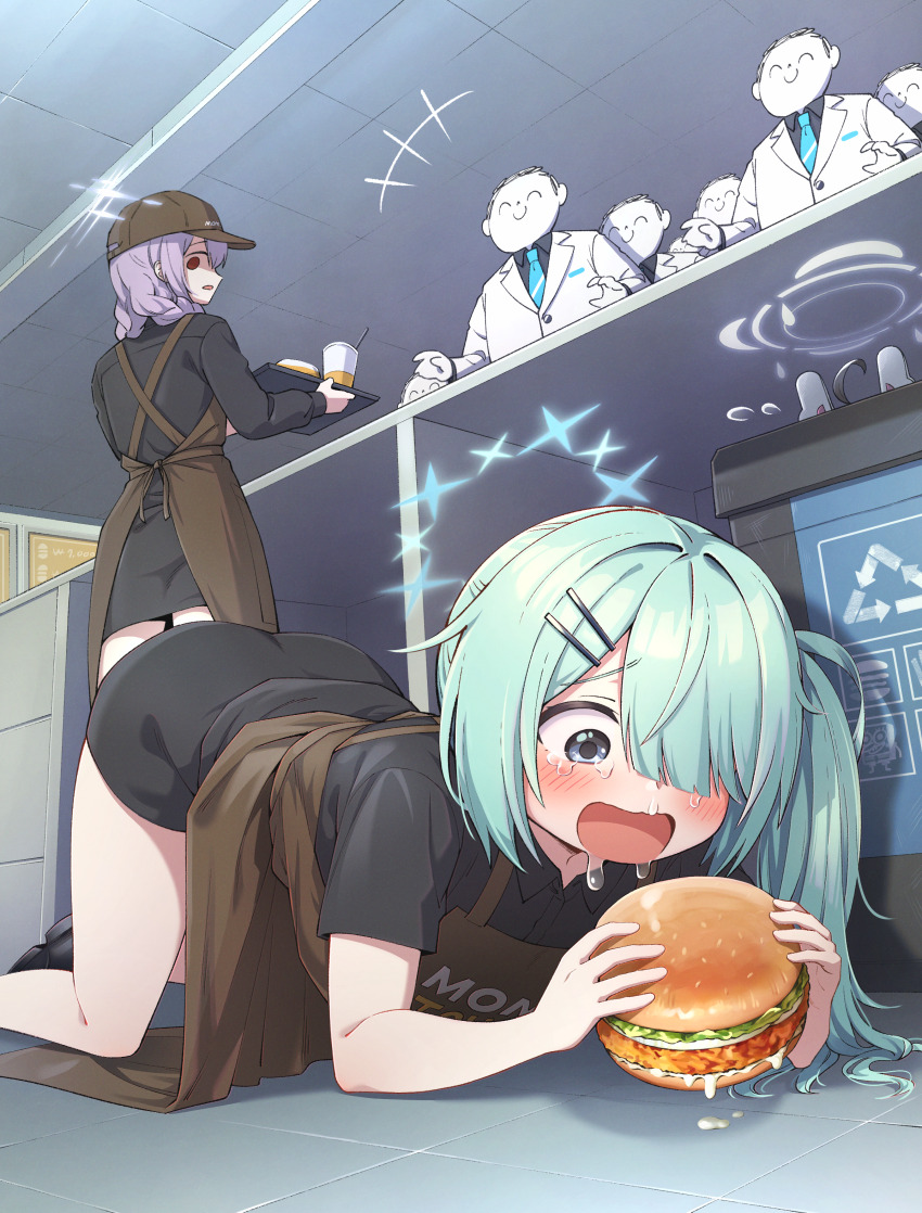 +++, 3girls, 5boys, absurdres, ahoge, apron, doodle_sensei_(blue_archive), atsuko_(blue_archive)