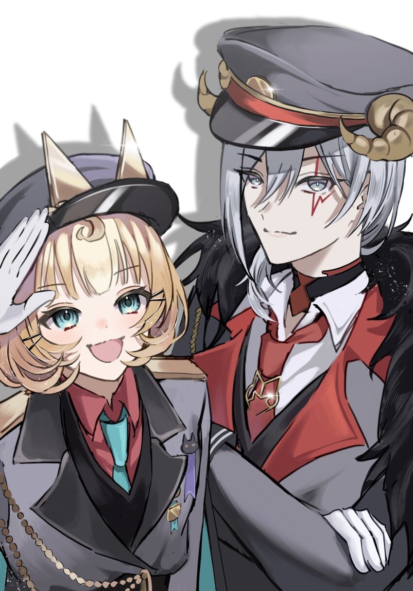 1boy, 1girl, blonde_hair, blue_eyes, blue_necktie, collared_shirt, crossed_arms, dome_(ktn)