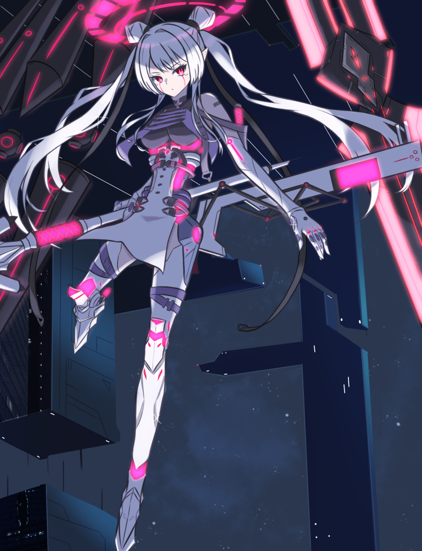 1girl, absurdres, arm_tattoo, barcode, barcode_tattoo, breasts, crymachina, double_bun