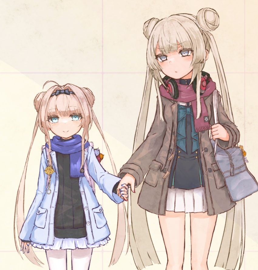 2girls, ahoge, bag, bare_legs, black_dress, black_hairband, black_shirt, blonde_hair