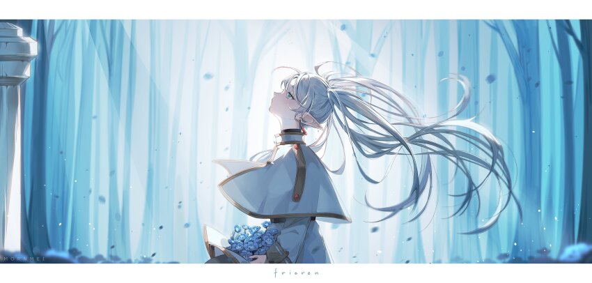 1girl, absurdres, backlighting, blue_background, blue_flower, capelet, character_name, closed_mouth
