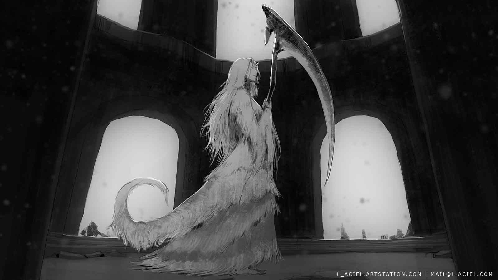 1girl, closed_eyes, dark_souls_(series), dark_souls_i, dragon_girl, highres, holding, holding_scythe, horns, l_aciel, long_hair, monochrome, monster_girl, outdoors, priscilla_the_crossbreed, scythe, snowing, solo, tail