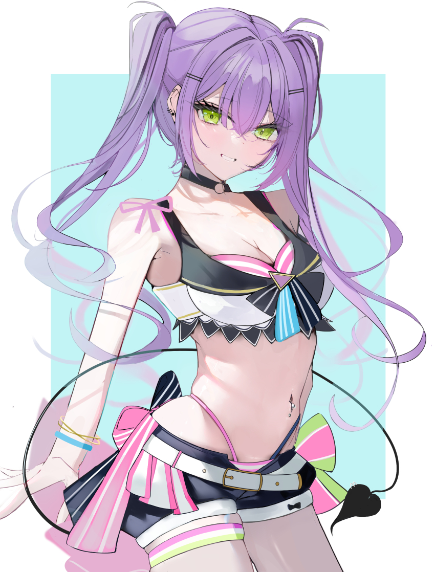 1girl, absurdres, bikini, bikini_bottom_under_shorts, bikini_under_clothes, black_choker, choker, green_eyes, highres, hololive, navel_piercing, onigirimeshitya, piercing, purple_hair, shorts, solo, striped_bikini, striped_clothes, swimsuit, tail, tokoyami_towa, virtual_youtuber