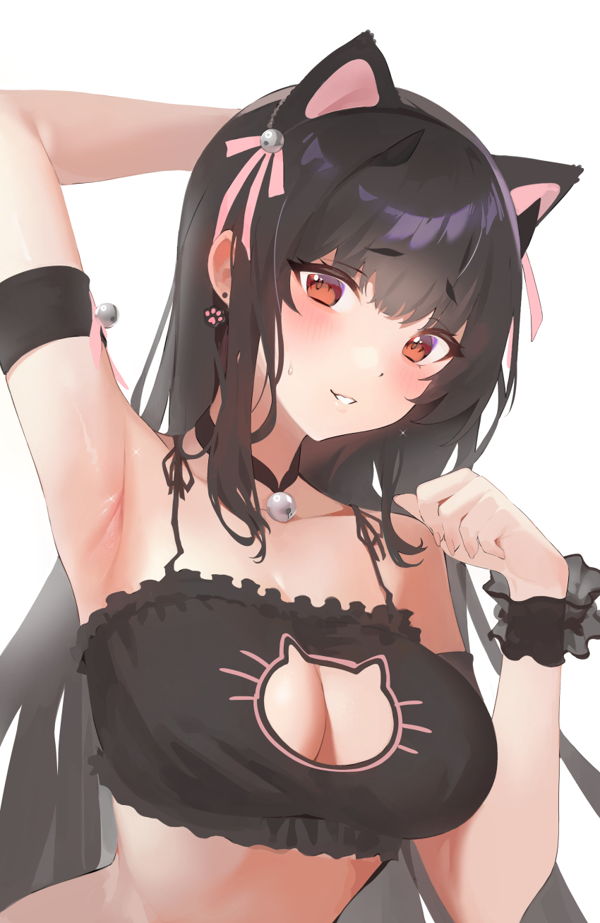 1girl, absurdres, animal_ears, arm_behind_head, armpits, bell, blush, breasts, cat_cutout, cat_ears, cat_lingerie, cleavage, cleavage_cutout, clothing_cutout, dress, highres, jingle_bell, large_breasts, long_hair, neck_bell, noba-tan, original, parted_lips, paw_earrings, red_eyes, simple_background, solo, upper_body, white_background, wrist_cuffs