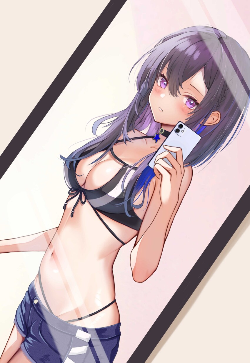 1girl, absurdres, bikini, black_choker, black_hair, blush, breasts, cellphone