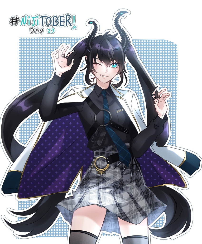 1girl, absurdres, asymmetrical_horns, black_hair, black_shirt, blue_eyes, blue_necktie, collared_shirt