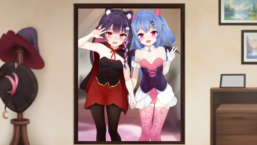 2girls, absurdres, alternate_costume, alternate_eye_color, animal_ear_fluff, animal_ears, artist_name, blue_hair, blush, blush_stickers, breasts, cape, carpet, chiaki_katsumi, commission, demon_horns, drawer, eroneko_senpai, fangs, gloves, hair_ornament, hairclip, halloween, halloween_costume, hat, highres, holding_hands, horns, indoors, mirror, multiple_girls, open_mouth, photo_(object), pink_eyes, pixellink, purple_hair, raki_kazuki, red_eyes, ribbon, shirt, skirt, small_breasts, thighhighs, thighs, v, virtual_youtuber, wall, whiskers, wings, witch_hat