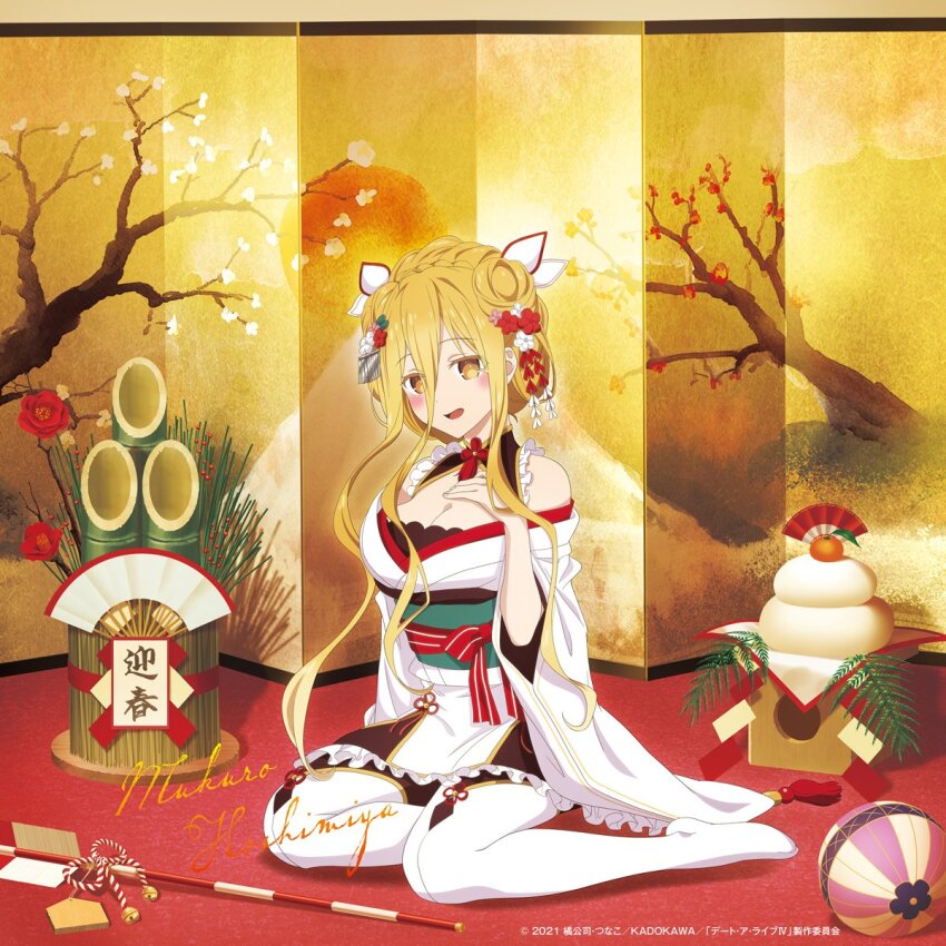 1girl, bamboo, blonde_hair, blush, breasts, character_name, date_a_live, folding_fan