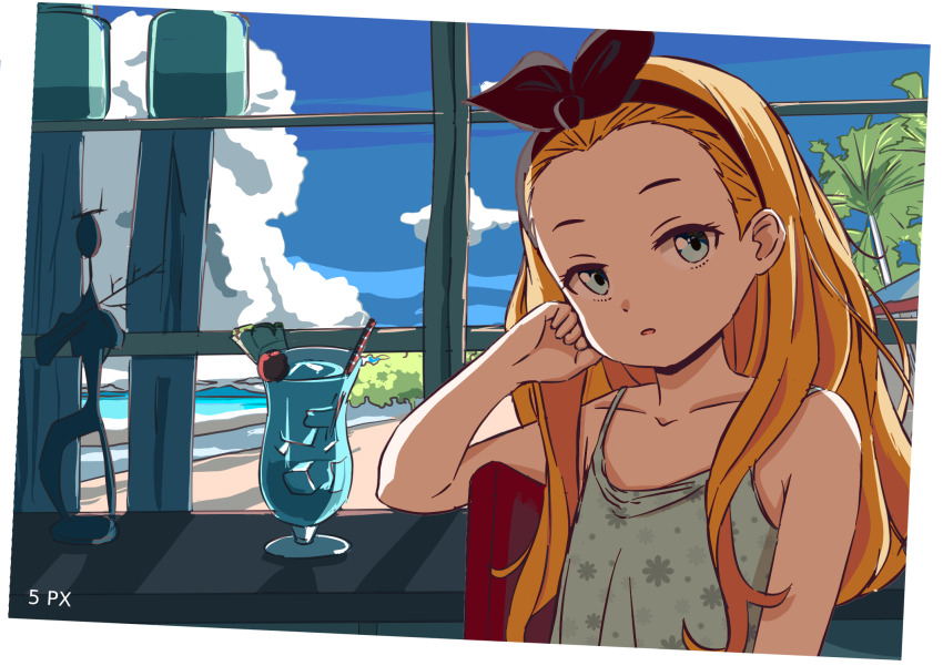 1girl, asuka_(pixiv82529874), black_bow, blonde_hair, blue_eyes, blue_shirt, border, bow