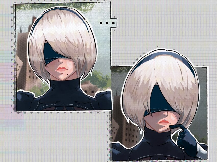 ..., 1girl, 2b_(nier:automata), black_gloves, black_hairband, building, commentary, frown, gloves, grey_hair, hairband, highres, jiggidyjakes, mole, mole_under_mouth, nier:automata, nier_(series), thinking