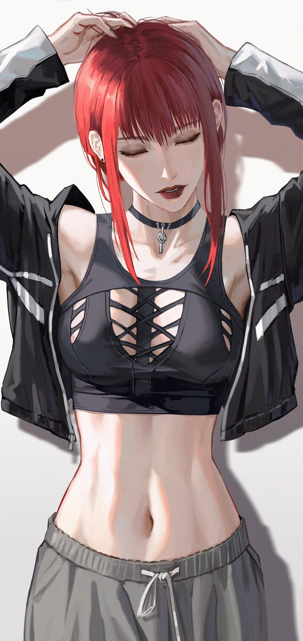 armpits, bra, chainsaw_man, choker, closed_eyes, highres, jacket, lee_kimsan