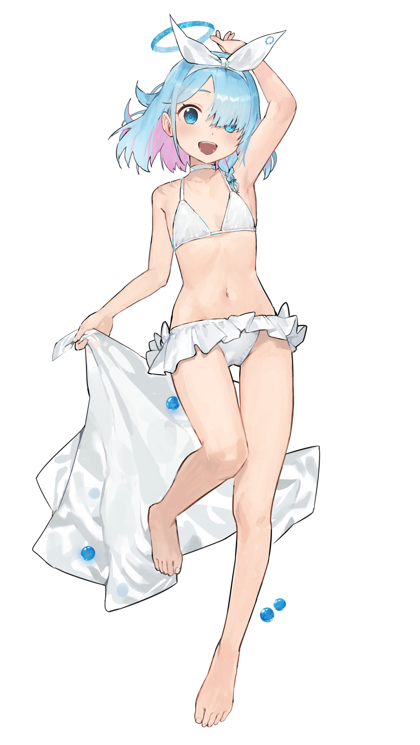 1girl, absurdres, alternate_costume, arm_up, armpits, arona_(blue_archive), bare_shoulders, barefoot