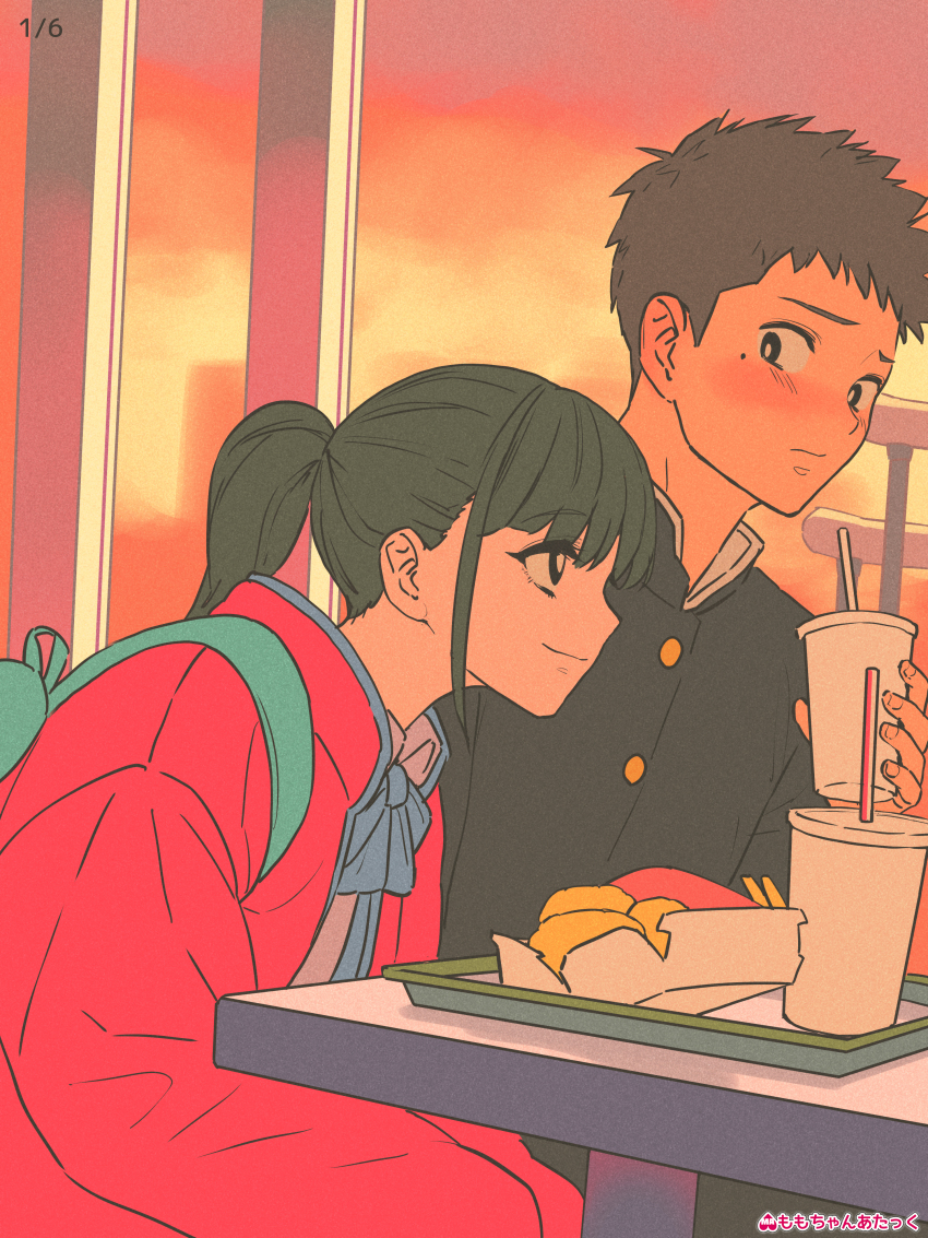 1boy, 1girl, absurdres, backpack, bag, black_hair, blush, boyfriend_(yoru_mac)