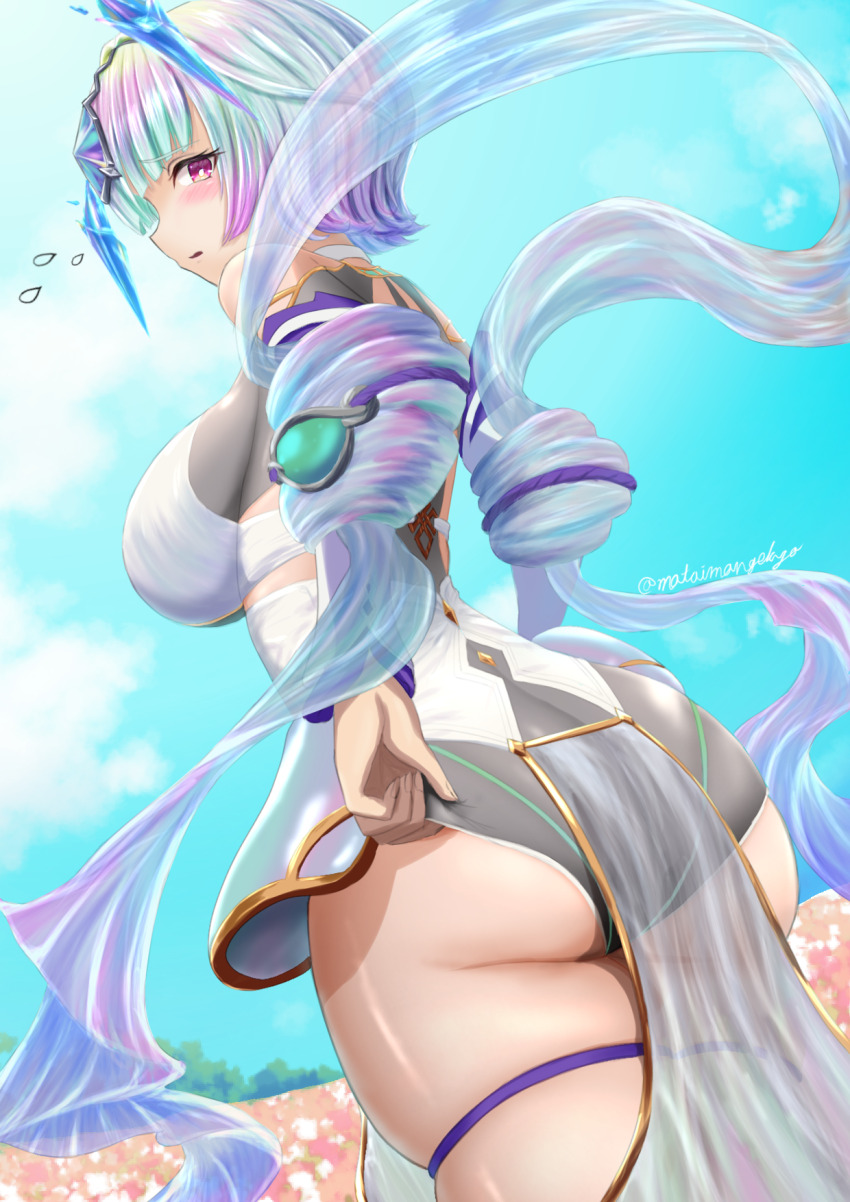 1girl, adjusting_clothes, ass, ass_focus, bare_shoulders, blush, breasts, detached_sleeves, embarrassed, fire_emblem, fire_emblem_heroes, flying_sweatdrops, from_behind, from_below, highres, huge_ass, large_breasts, looking_back, looking_down, matoimangekyo, multicolored_hair, nintendo, open_mouth, purple_eyes, rainbow_hair, seidr_(fire_emblem), shawl, short_hair, short_shorts, shorts, sideboob, solo, thick_thighs, thigh_strap, thighs