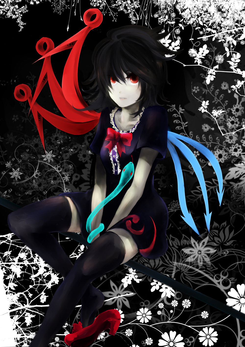 1girl, air+, black_hair, black_thighhighs, dress, female_focus, highres, houjuu_nue