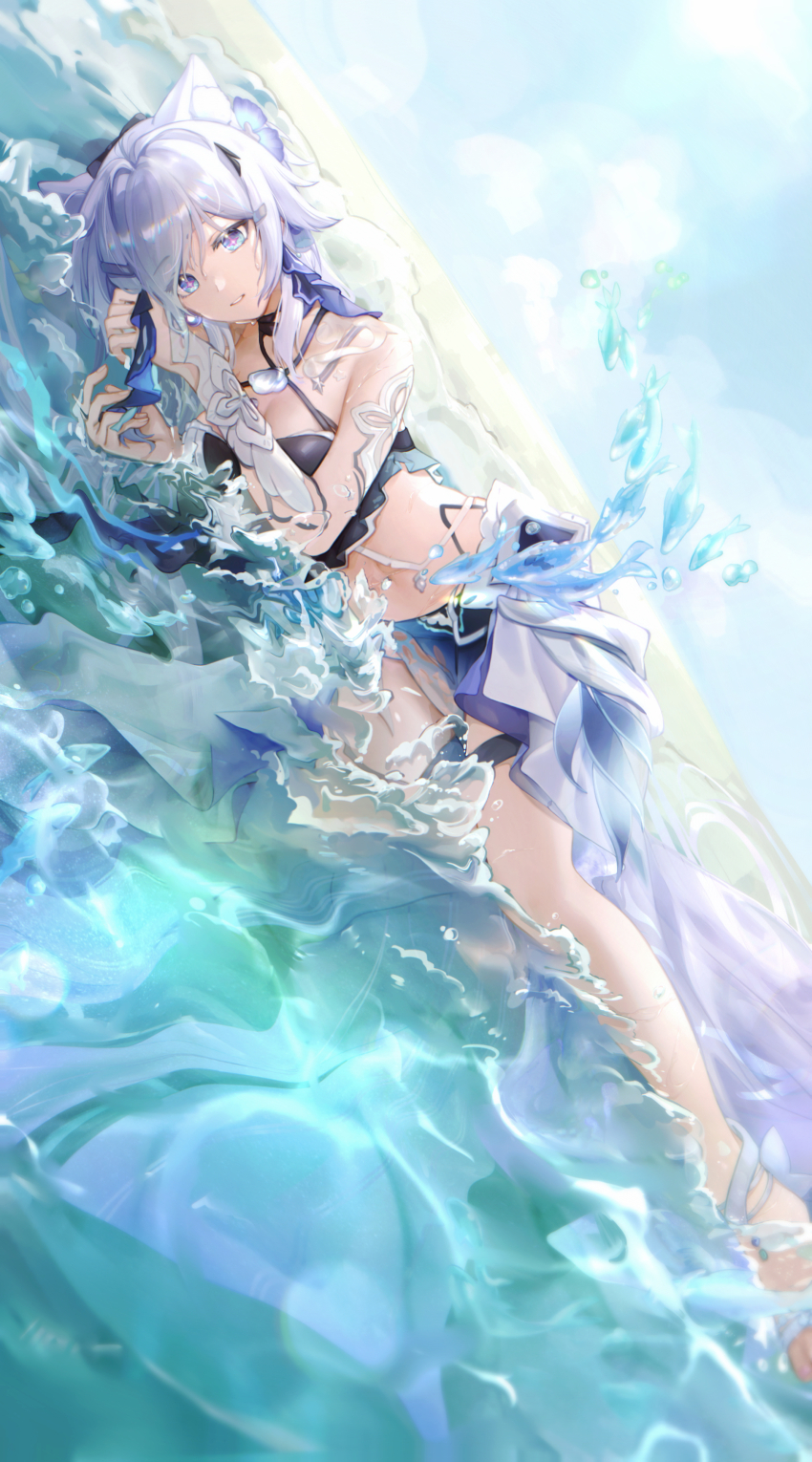 +_+, 1girl, absurdres, akashin, animal_ear_fluff, animal_ears, bare_shoulders, bikini