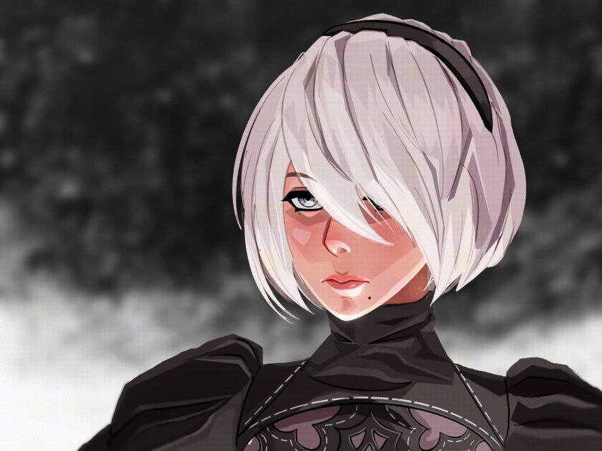 1girl, 2b_(nier:automata), black_hairband, commentary, grey_eyes, hair_over_one_eye, hairband, highres