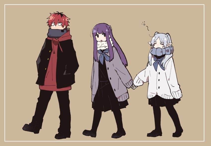 1boy, 2girls, :3, alternate_costume, black_footwear, black_hair, black_jacket, black_pants