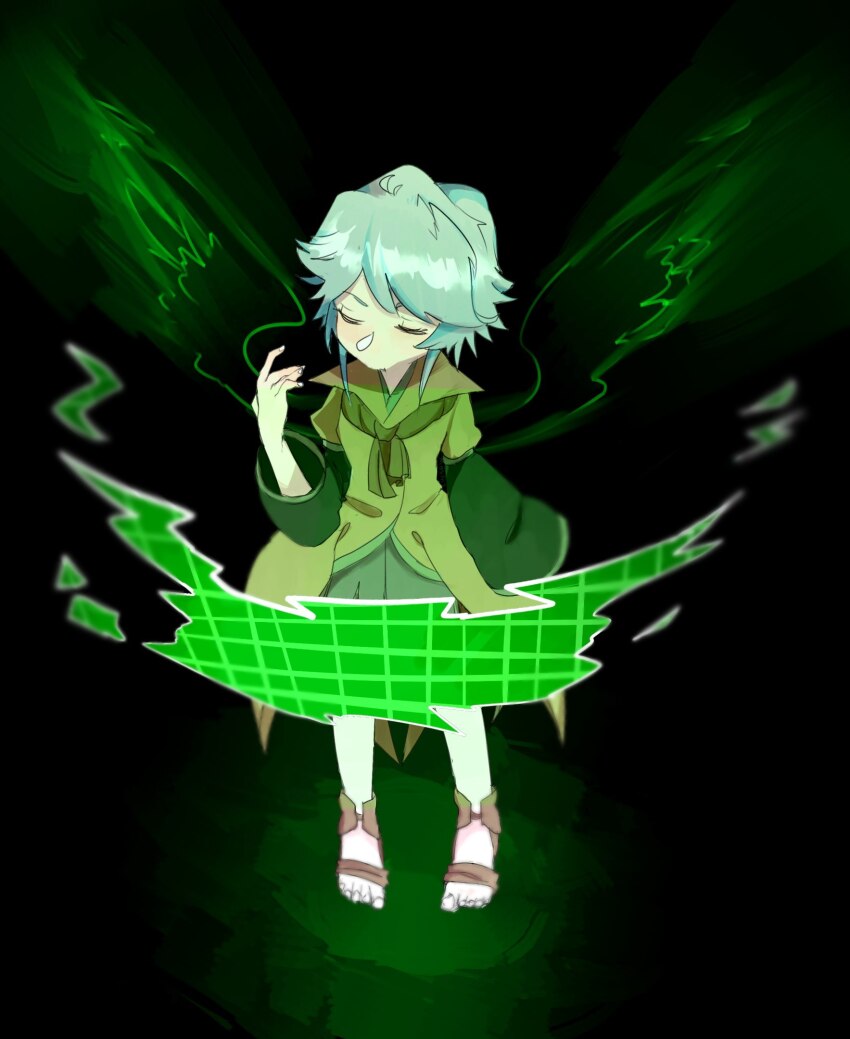 1other, antenna_hair, ascot, bird_wings, black_background, black_shorts, black_sleeves, brown_ascot