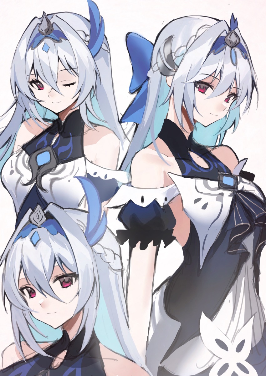 1girl, absurdres, armpit_cutout, baili_shouyue, bare_shoulders, blue_bow, bow, braid, clothing_cutout, commentary_request, da_qiao_(wangzhe_rongyao), dress, french_braid, grey_background, grey_hair, hair_bow, highres, komuer, long_hair, looking_at_viewer, multiple_views, puffy_short_sleeves, puffy_sleeves, red_eyes, short_sleeves, simple_background, smile, tiara, upper_body, very_long_hair, wangzhe_rongyao