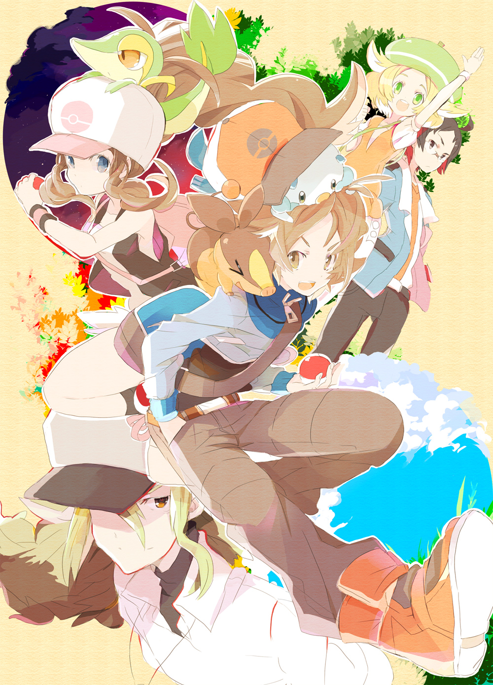 >_<, 10s, 2girls, 3boys, bad_id, bad_pixiv_id, baseball_cap, bianca_(pokemon), black_hair, blonde_hair, blue_eyes, brown_eyes, brown_hair, cheren_(pokemon), closed_eyes, gen_5_pokemon, glasses, green_eyes, green_hair, hat, highres, hilbert_(pokemon), hilda_(pokemon), jacket, multiple_boys, multiple_girls, n_(pokemon), nintendo, oshawott, poke_ball, pokemon, pokemon_(creature), pokemon_black_and_white, ponytail, snivy, starter_pokemon_trio, tepig, umehara