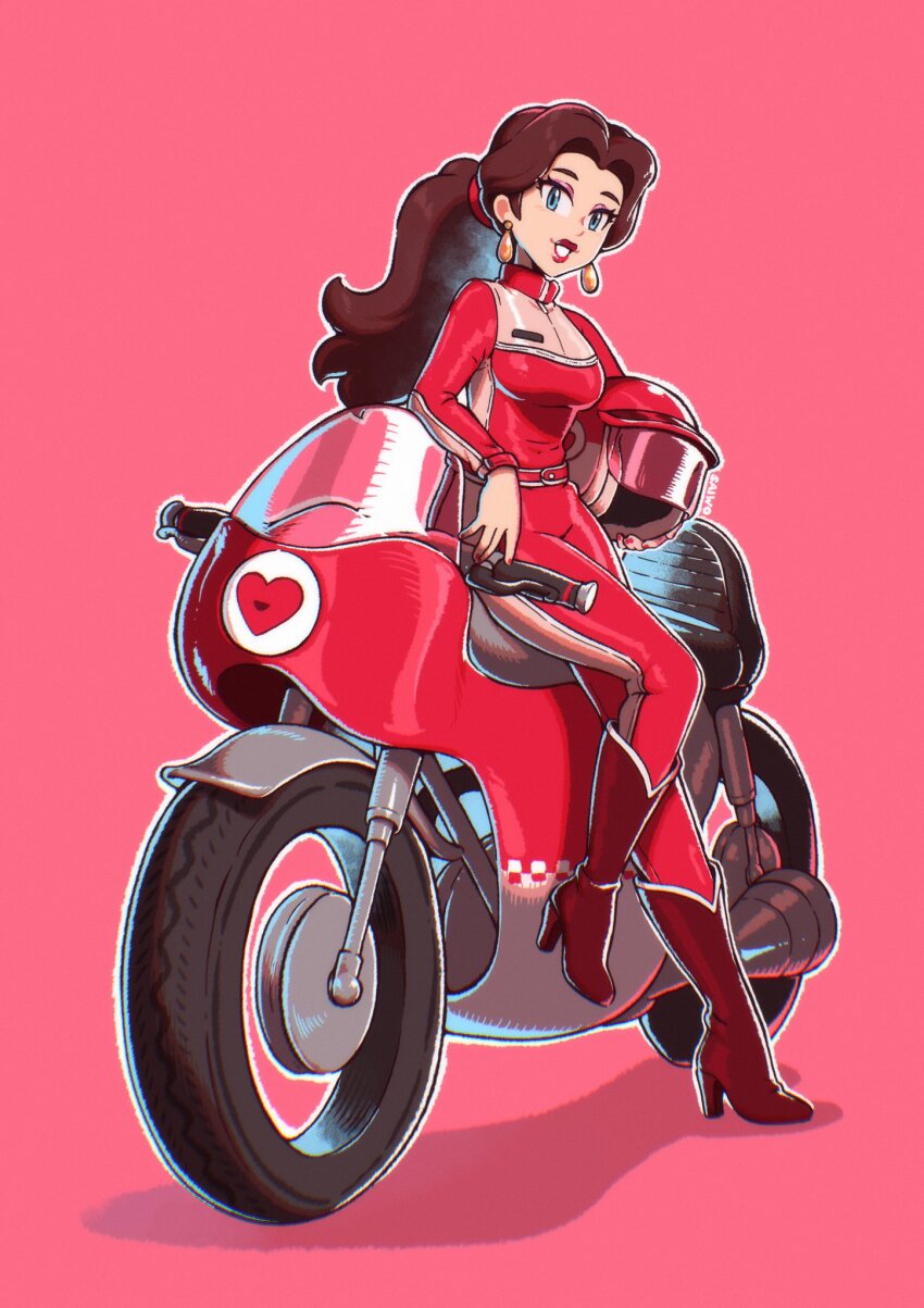 1girl, biker_pauline, blue_eyes, bodysuit, boots, breasts, brown_hair, donkey_kong_(series), earrings, full_body, helmet, high_heel_boots, high_heels, highres, holding, holding_unworn_helmet, jewelry, knee_boots, lipstick, long_hair, looking_at_viewer, makeup, mario_(series), mario_kart, mario_kart_8, mario_kart_8_deluxe, medium_breasts, motor_vehicle, motorcycle, motorcycle_helmet, nintendo, pauline_(aero)_(nintendo), pauline_(nintendo), pink_background, ponytail, red_bodysuit, red_boots, red_lips, saiwo_(saiwoproject), simple_background, solo, unworn_headwear, unworn_helmet