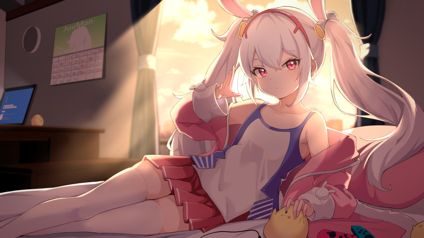 1girl, absurdres, animal_ears, arm_up, artist_name, azur_lane, baby_animal, bare_shoulders, bed, bedroom, bird, calendar, chick, closed_mouth, collarbone, curtains, day, dot_nose, female_focus, highres, hood, hoodie, indoors, jacket, juumon, laffey_(azur_lane), long_hair, looking_at_viewer, nintendo_switch_controller, open_clothes, open_jacket, pink_eyes, rabbit_ears, skirt, solo, sunlight, thighhighs, twintails, white_hair, white_thighhighs