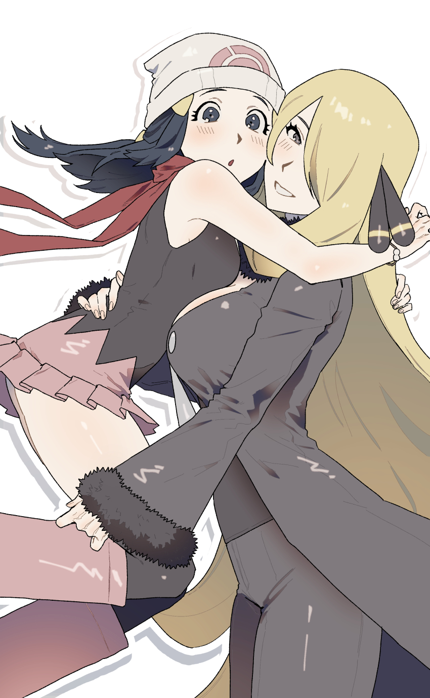2girls, :o, absurdres, akushitsu_ningen, arms_around_neck, beanie, black_coat, black_pants