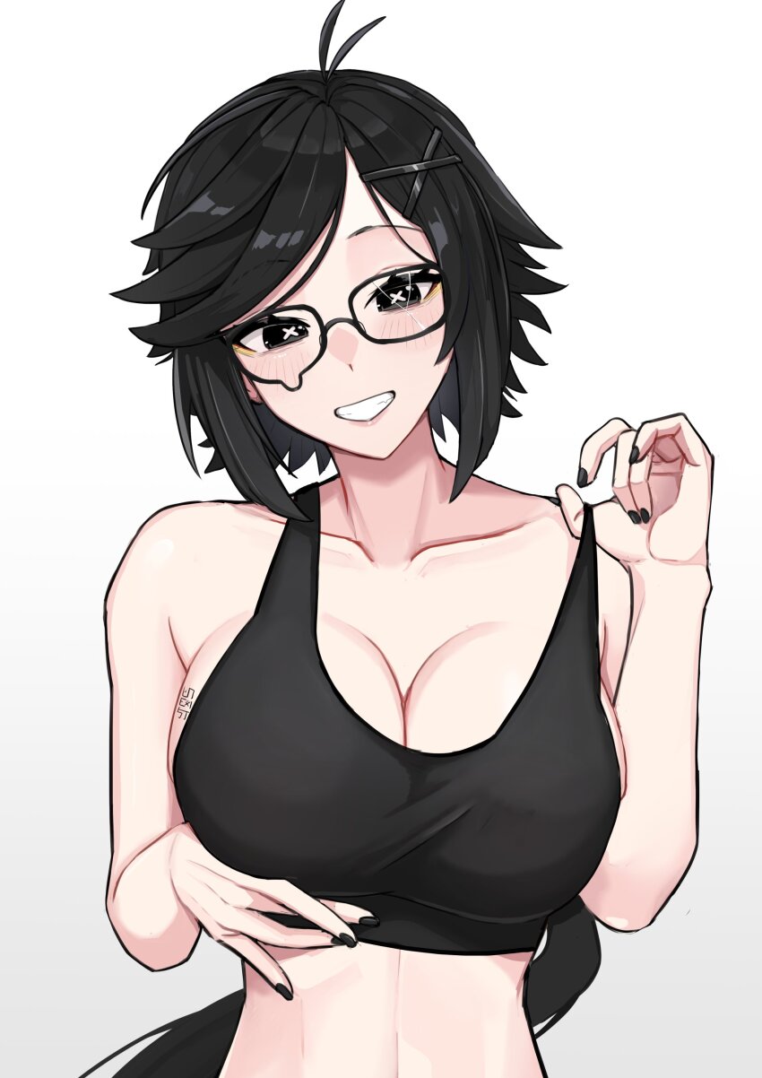1girl, absurdres, antenna_hair, black-framed_eyewear, black_hair, black_nails, black_tank_top, breasts