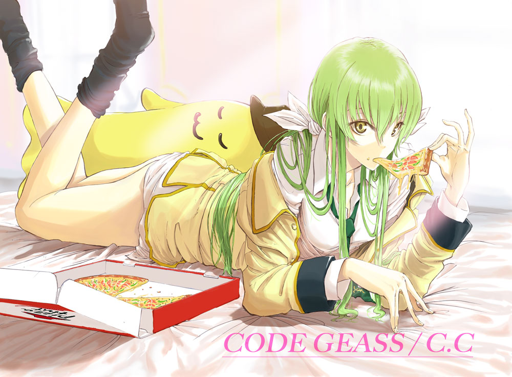 1girl, ayanon, bed, black_thighhighs, bottomless, c.c., cheese-kun, code_geass, eating, female_focus, food, green_hair, long_hair, loose_thighhigh, lying, necktie, nozo_(pixiv178816), on_stomach, pizza, pizza_hut, product_placement, ribbon, school_uniform, socks, solo, thighhighs, white_ribbon, yellow_eyes