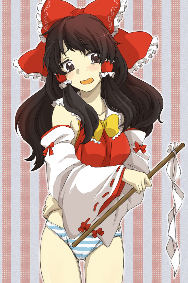 1girl, bad_id, bad_pixiv_id, bow, brown_eyes, brown_hair, detached_sleeves, embarrassed