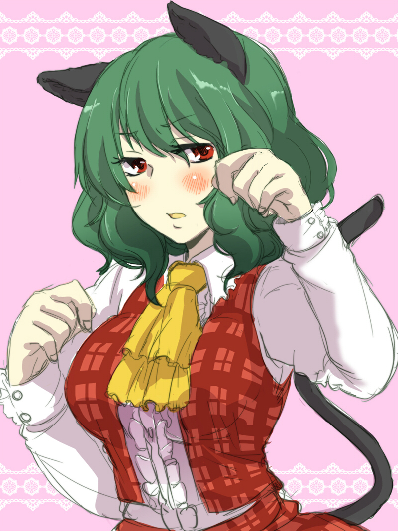 1girl, animal_ears, ascot, bad_id, bad_pixiv_id, blush, breasts, cat_ears, cat_girl, cat_tail, female_focus, green_hair, kazami_yuuka, kemonomimi_mode, large_breasts, paw_pose, plaid_clothes, plaid_skirt, plaid_vest, red_eyes, ririvery, short_hair, shy, sketch, skirt, skirt_set, solo, tail, touhou, vest