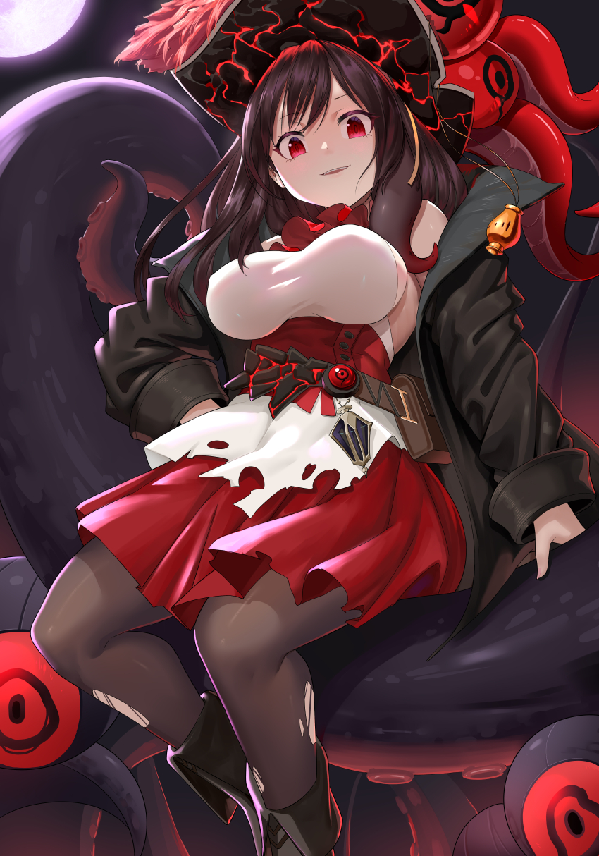 absurdres, ascot, azur_lane, belt_pouch, black_coat, black_footwear, black_hair, black_pantyhose, breasts, cha_siu_bao, coat, hand_on_own_hip, hat, highres, large_breasts, long_sleeves, looking_at_viewer, medium_hair, moon, moonlight, night, open_clothes, open_coat, pantyhose, parted_lips, pirate_hat, pouch, red_ascot, red_eyes, red_skirt, royal_fortune_(azur_lane), sitting, skirt, sky, smile, suction_cups, tentacle_hair, tentacles, torn_clothes, torn_pantyhose