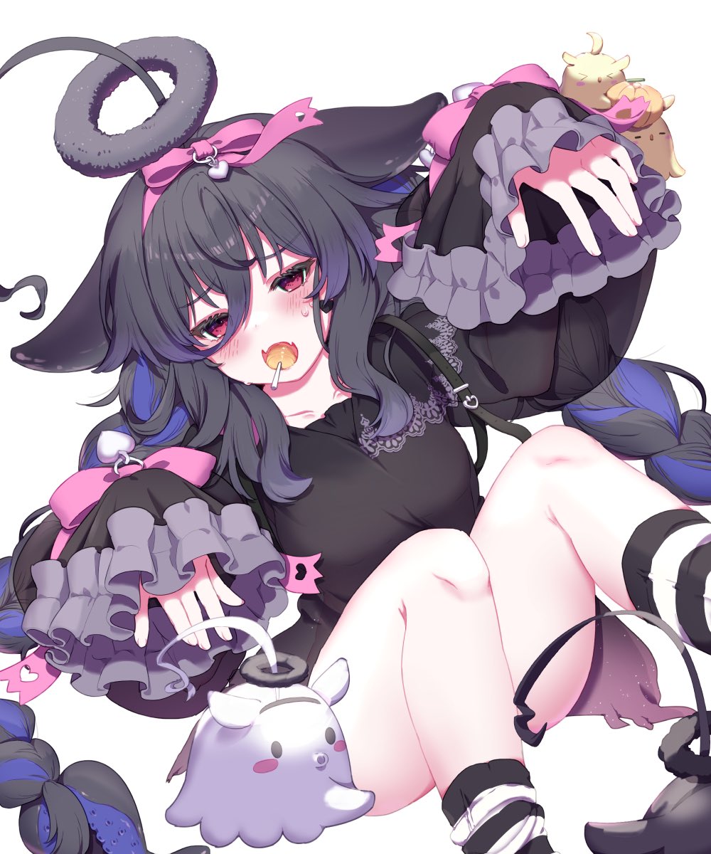 ahoge, akimaru_m, azur_lane, black_dress, black_hair, black_socks, blue_hair, blush, braid, candy, dress, fang, food, food_in_mouth, ghost_pose, highres, huge_ahoge, knees_up, lollipop, long_bangs, long_hair, looking_at_viewer, lying, manjuu_(azur_lane), multicolored_hair, official_alternate_costume, on_back, open_mouth, red_eyes, simple_background, skin_fang, socks, suction_cups, tentacle_hair, twin_braids, two-tone_socks, white_background, white_socks, whydah_(azur_lane), whydah_(lazy_pirate_angel)_(azur_lane)