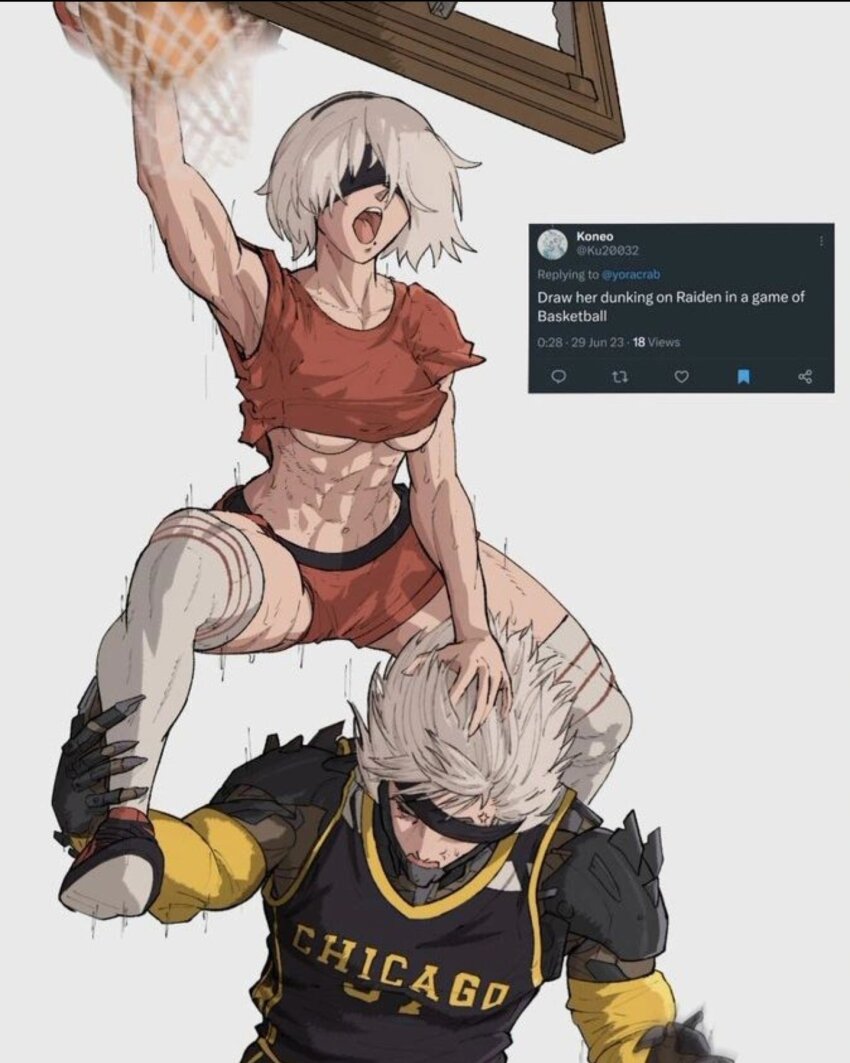 1boy, 1girl, 2b_(nier:automata), armor, armpits, ball, basketball_(object), basketball_hoop